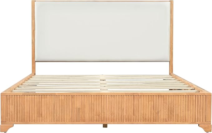 Christopher Knight Home Jill Modern Queen Bed Frame with Headboard, Bed Frame Queen with Upholstered Headboard, Wooden Queen Platform Bed Frame with Slat Supports, No Box Spring Needed, Natural+White