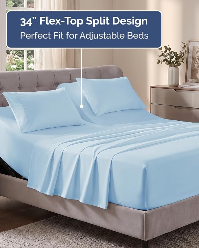 Flex Top Split Head King Sheet Set - 4 Piece Extra Deep Sheets - Sky Blue | Easily Fits 18 to 24 inch Mattress, Ultra Soft, Wrinkle & Fade Free with Extra Deep Pockets, Comfy Hotel Luxury Bedding