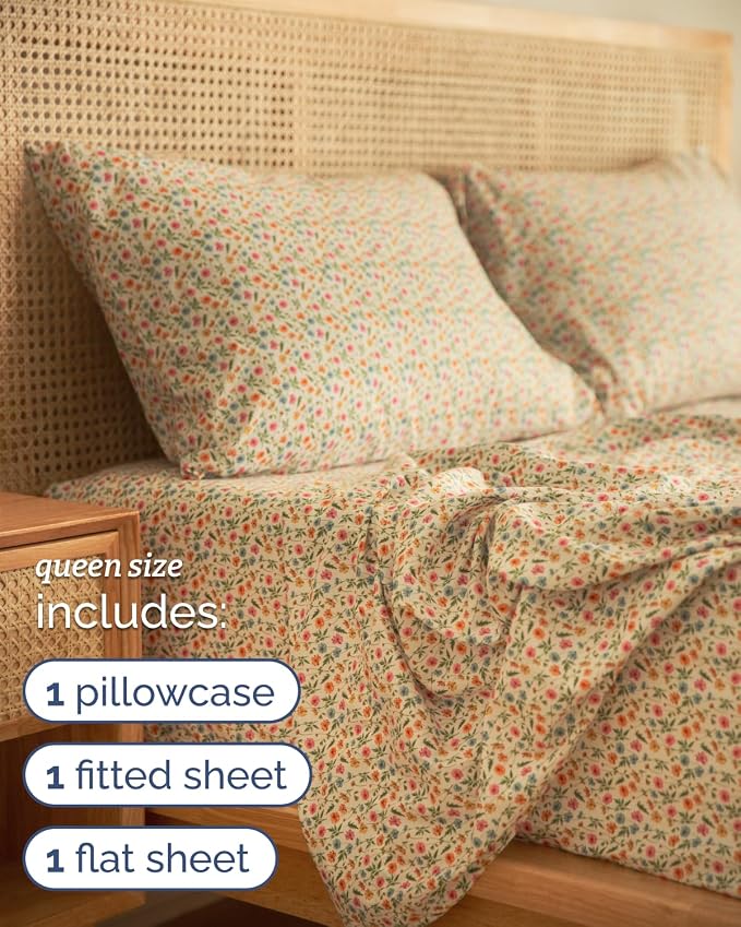 Queen 4 Piece Floral Sheet Set - Soft, Breathable & Cooling - Spring Meadow | 1 Flat, 1 Fitted & 2 Pillowcases w/ Deep Pockets, Boho Botanical Floral Bedding, Breathable & Cooling, Wrinkle & Fade Free