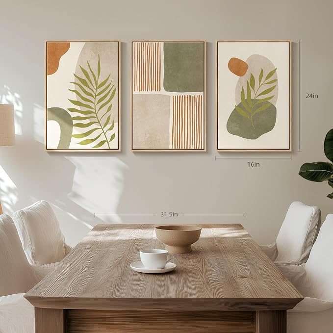 Framed Green Mid Century Modern Boho Abstract Wall Art Bedroom, 16x24 Inch | Bohemian, Canvas prints, Large, Botanical painting, Sage green, Orange, Tropical leaf, Ready to hang, Wall decor living room