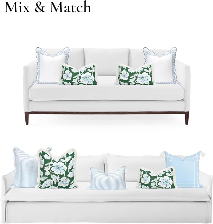 Hofdeco Premium Coastal Patio Indoor Outdoor Lumbar Pillow Cover Only, 12"x20" Water Repellent for Backyard, Couch, Green Baby Blue Print Tropical Hisbucs Flowers