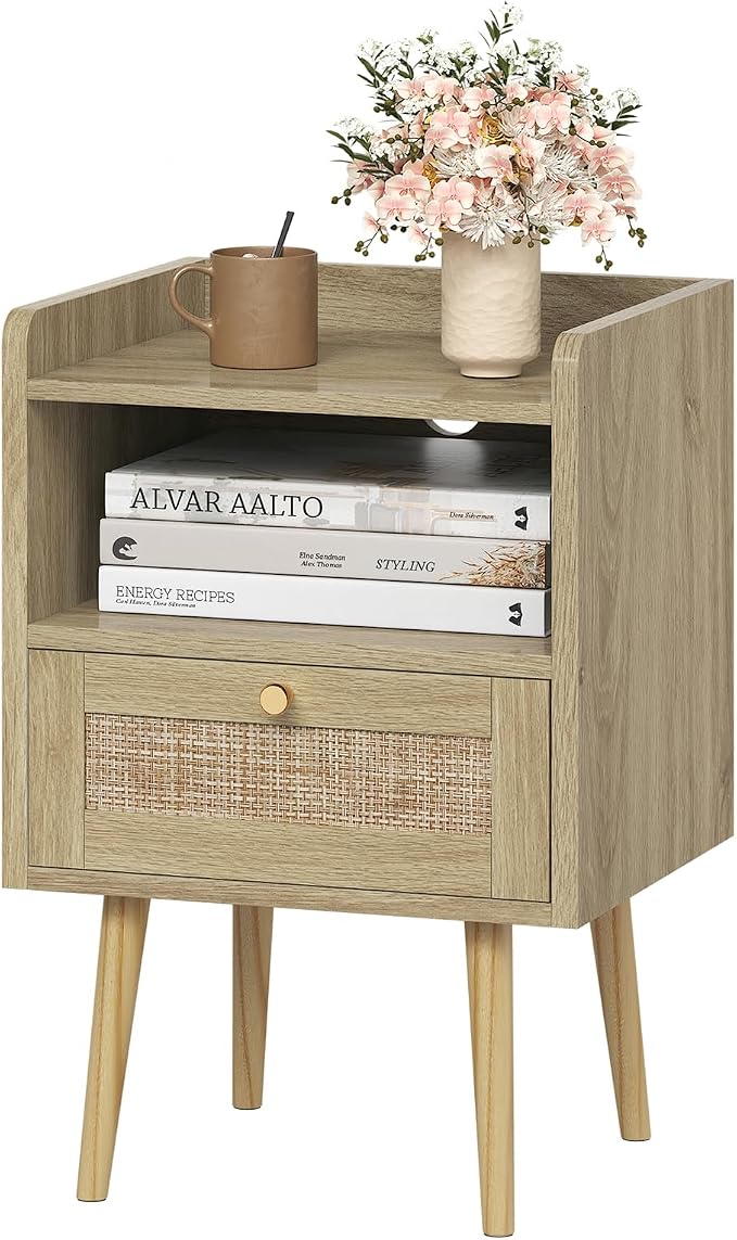 MECHYIN Night Stand with Charging Station & Rattan Decor Drawer, Boho Bedside End Table with Solid Wood Feet, Bed Side Table with Open Storage for Farmhouse Bedroom Living Room Dorm - Natural