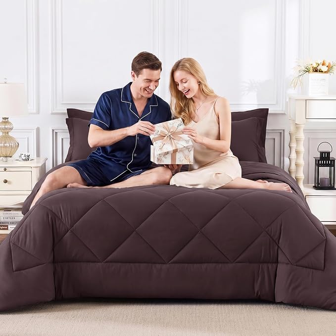 King Size Comforter Set Cocoa Powder - 7 Pieces Bed in a Bag | OEKO-TEX Certified, All Season, 240GSM Down-Alternative Comforter, Sheets, Pillowcases & Shams, 14" Deep Pocket, Easy Care