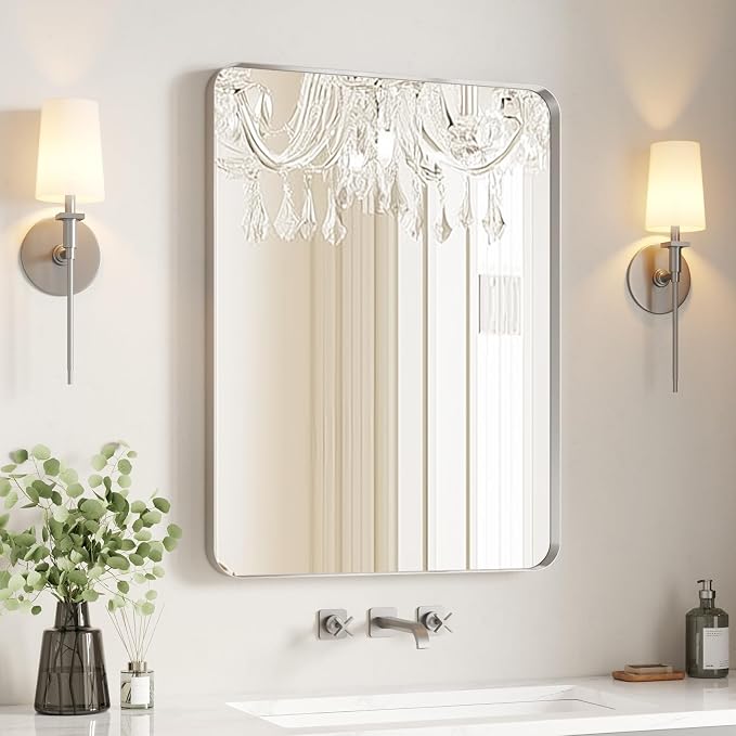 Brushed Nickel Bathroom Mirror 24"x36" | Silver Rectangle Vanity Mirrors for Bathroom Sink, Aluminum Frame, Anti-Rust, Tempered Glass, Horizontal or Vertical