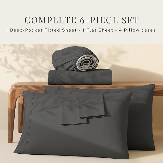Hearth & Harbor Extra Deep Pocket King Size Sets - Fits Mattress 18-24 Inches Deep - Extra Deep Pocket Sheets - 6 Piece King Size - Grey