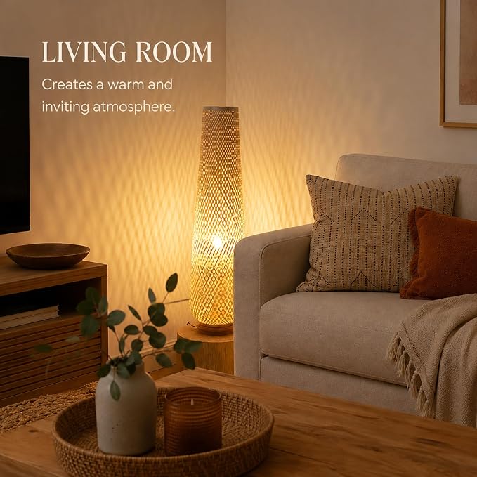 Boho Style Bamboo Woven Floor Lamp for Living Room,36 in,Cozy Decor | Handcrafted Wicker Shade,Unique Shadow Pattern,No Assembly Required,3000K Warm Ambient Lighting,Suit for Bedroom Corner
