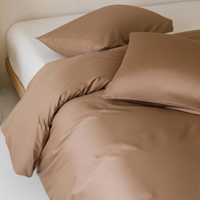 HeimenAogo Egyptian Cotton Duvet Cover King Size Sateen Weave, Silky Soft and Breathable Bedding Set with Zipper Closure, Long Staple Cotton Bed Linen Brown 3Pcs (104"×90")