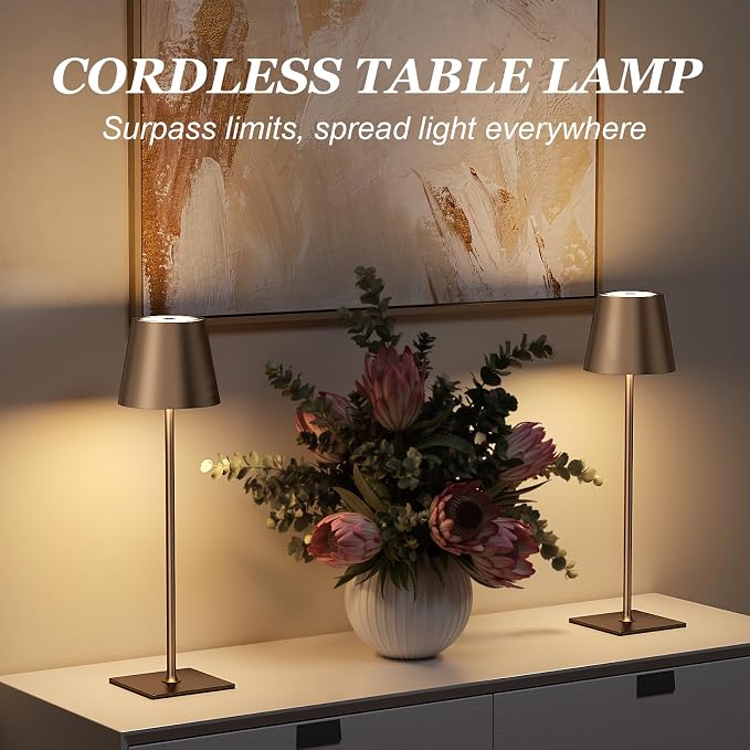 Kakanuo Brown Cordless Rechargeable Table Lamp 5000mAh Battery Operated Lamps, 3 Colors Stepless Dimming Touch Lamp for Living Room, Kitchen Counter, Dining, Outdoor Patio, 2 Pack
