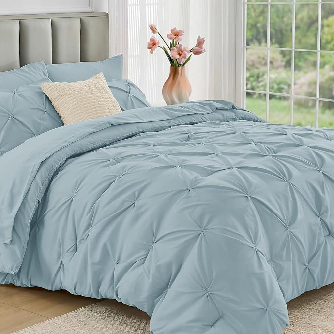 JOLLYVOGUE Full Size Comforter Sets 7 Pieces - Bed in a Bag Full for All Season, Pintuck Bedding Comforter Sets with Comforter, Flat Sheet, Fitted Sheet and Pillowcases & Shams, Greyish Blue