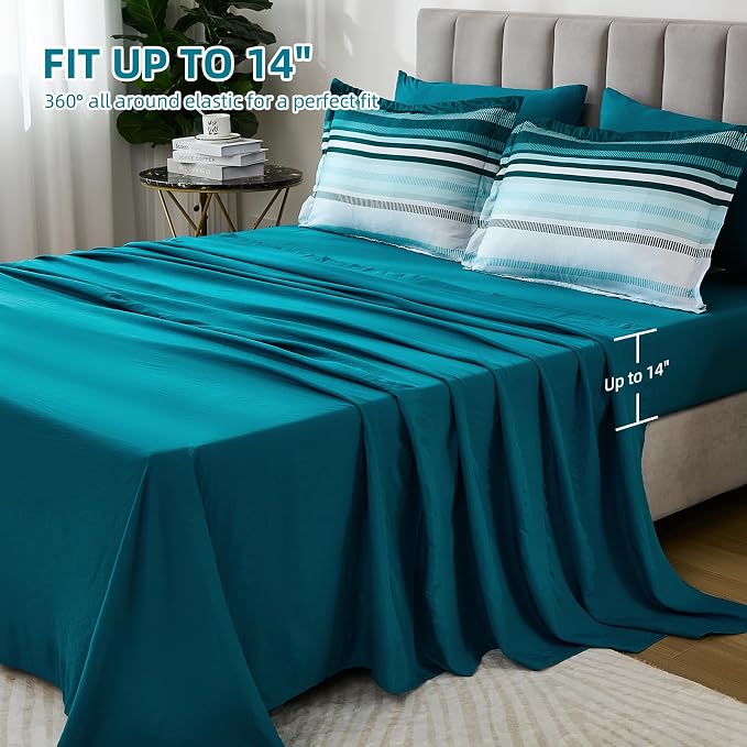 Dobuyly Teal Comforter California King Size 7 Pieces, Blue Boho Striped Bed in a Bag Set Soft Microfiber All Season Bedding Set with Comforter, Sheets, Pillowcases & Shams