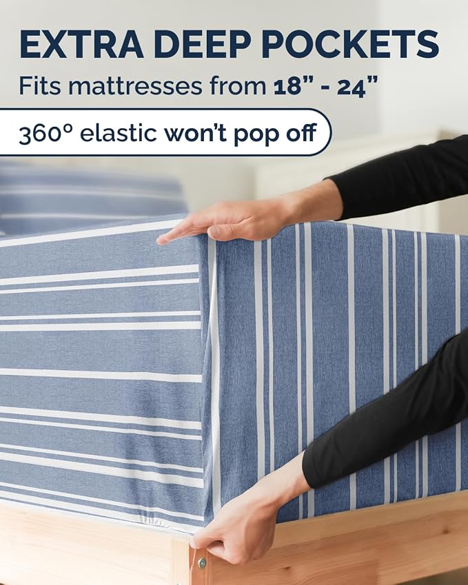 Extra Deep Twin XL Sheet Set - 3 Piece College Dorm Room - Blue Stripes | Soft, Breathable & Cooling, Easily Fits 18 to 24 inch Mattress, Wrinkle Free & Fade Resistant with Extra Deep Pockets