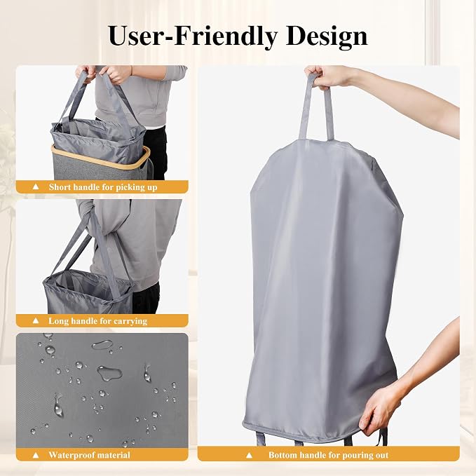 Foluck Slim Laundry Hamper, 60L Waterproof Narrow Laundry Basket with Lid and Removable Bag, Collapsible Tall Clothes Hamper with Bamboo Handles for Clothes Toys in Dorm Bedroom Bathroom, Grey