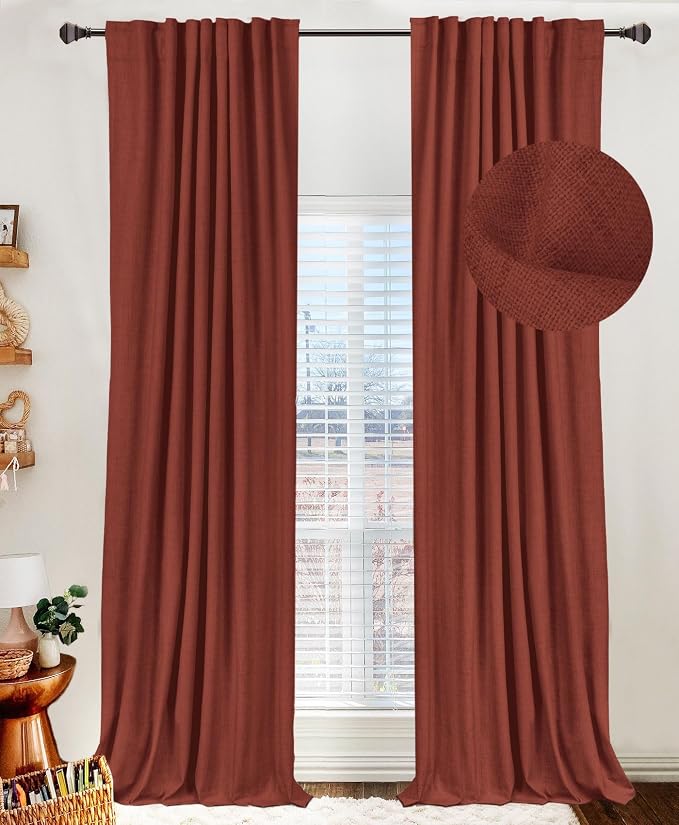 Faux Linen Total Blackout Curtains for Bedroom 108 Inches Long, Terracotta | 100% Blackout Shield, Back Tab/Rod Pocket Living Room Drapes, Thermal Insulated Blackout Curtains 2 Panels Set, 50"W x 108"L