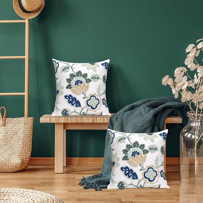 Pack of 2 Embroidered Decorative Throw Pillow Cover 18x18 Inch Farmhouse Floral Pillowcase for Living Room Sofa Bed (Dragon Flower-A)