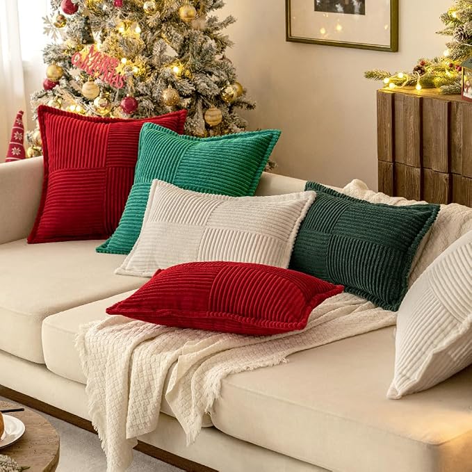 MIULEE Decorative Throw Pillow Covers for Couch 16x16 Inch White 2 Pack | Boho Broadside Striped Patchwork Pillow Covers, Soft Corduroy Cushion Cases, For Sofa Bed Livingroom Home Decor