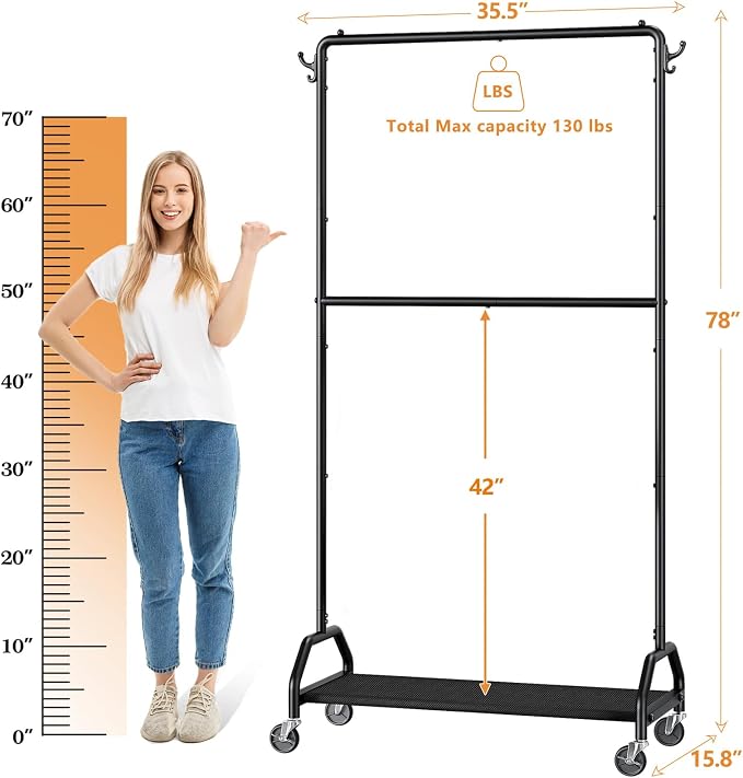 Wiracks Clothes Rack Double Hanging Clothes Rack Clothing Rack Garment Rack 130LBS Capacity 34.5" W X15.8 D X 79" H Rolling Clothes Racks for Hanging Cothes with Bottom Shelf