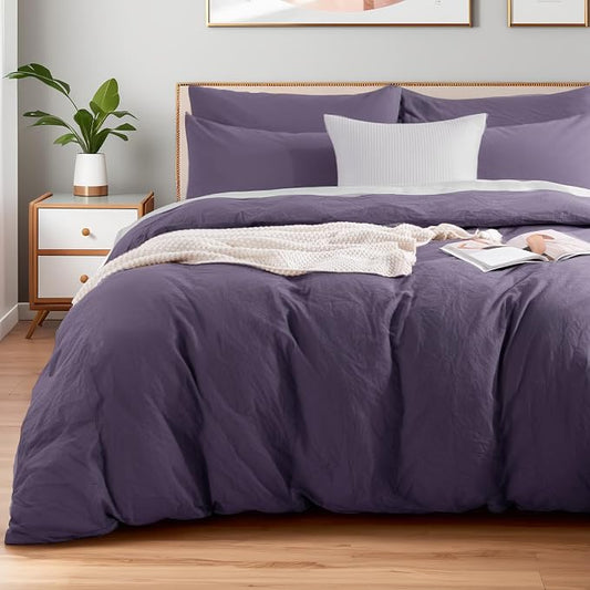 NEXHOME PRO 100% Washed Cotton Duvet Cover King Size, Ogranic Natural Linen Feel Breathable Bedding Set with Zipper Closure, 3 Pieces Includes 104x90 Inch Cover & 2 Pillowcases (No Comforter)