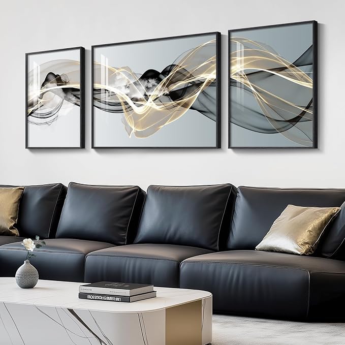 Extra Large Framed Modern Luxury Abstract Wall Art for Living Room, Set of 3 Minimalist Black White Gold Abstract Paintings Artwork for Walls, Big Art Prints Pictures for Hallway Dining Room Office Wall Decor