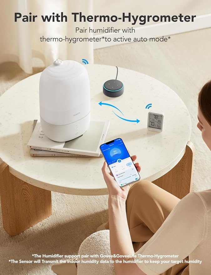 GoveeLife Smart Humidifiers for Bedroom, 3L Top Fill Cool Mist Humidifier | 24dB Quiet Runtime, Humidity Control, Easy to Clean, 25H Lasting, RGB Night Light for Baby, Plants, Works with Alexa