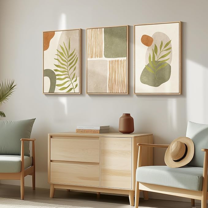 Framed Green Mid Century Modern Boho Abstract Wall Art Bedroom, 16x24 Inch | Bohemian, Canvas prints, Large, Botanical painting, Sage green, Orange, Tropical leaf, Ready to hang, Wall decor living room