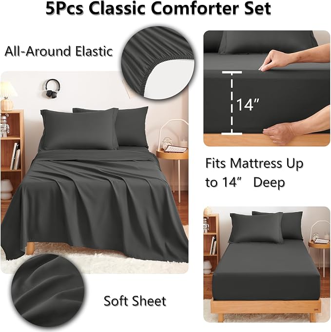 Twin Comforter Set with Sheets Dark Grey - 5 Pieces Bed in a Bag | OEKO-TEX Certified, All Season, Teen, Single, Dorm, 240GSM Down-Alternative Comforter, Sheets, Pillowcase & Sham, Easy Care