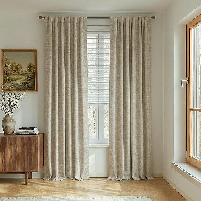 NICETOWN 100% Blackout Linen Curtains 84 inch Long 2 Panels, Beige | Thermal Insulated, Thick Linen Blend, Rod Pocket & Back Tab, Privacy Draperies for Apartment, Living Room, 52" W per Panel