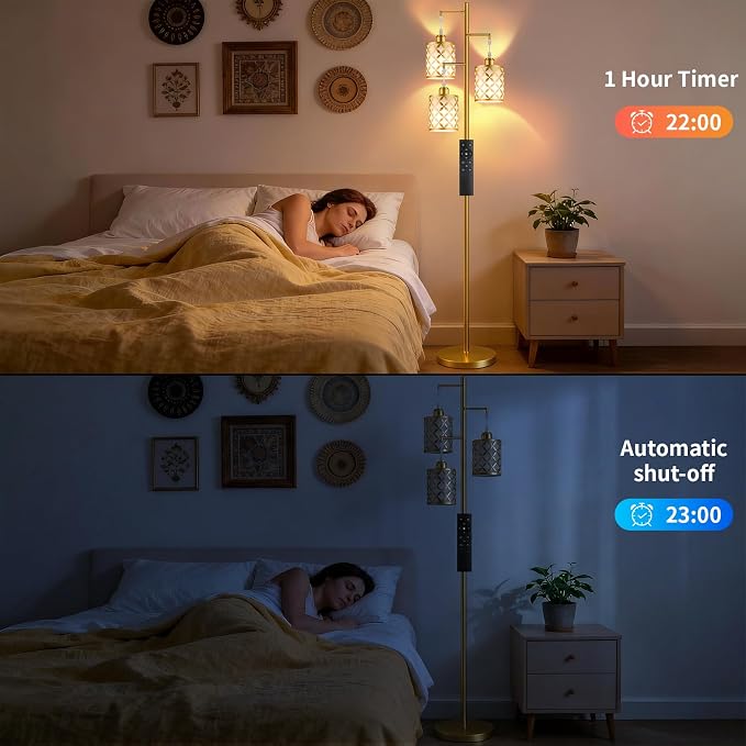 72" Dimmable Floor Lamp with Remote & Timer, Modern Light Luxury Standing Lamp for Living Room Bedroom, 3 Individually Controlled Heads, 2 Height Options, 3x 1100LM LED Bulbs Included -Gold