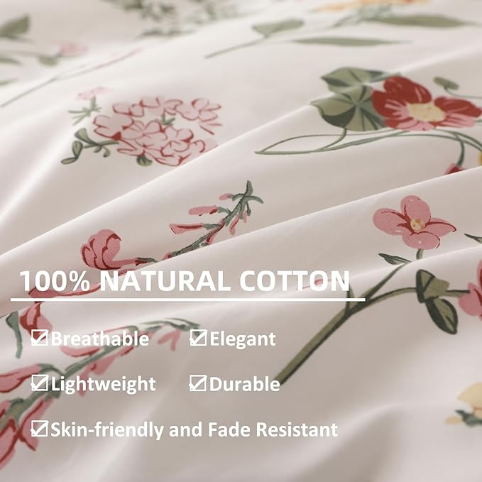 OAITE Queen Duvet Cover Set 3pcs 100% Cotton with Wildflower Botanical | Soft, Breathable,Long-lasting,Comfort,Hidden Zipper,8 Corner Ties,Easy Care for All Season