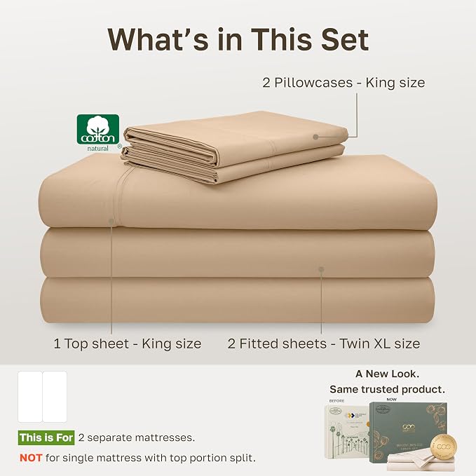 California Design Den 600 Thread Count Split King Sheets, 5 Pcs, Golden Tan | 100% Cotton Sateen, Good Housekeeping Seal, Split King Sheets Sets for Adjustable Bed with 2 Separate Twin-XL Mattresses