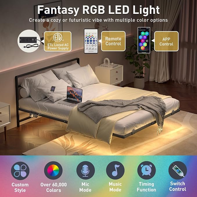 Full Floating Bed Frame with Headboard, Modern Platform Bed Frame with LED Lights and USB Charging Station, Sturdy Metal Bed Frame for Adults, No Box Spring Needed, Easy Assembly, Noise Free Design