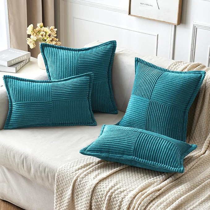 MIULEE Decorative Throw Pillow Covers for Couch 16x16 Inch Teal Blue 2 Pack | Boho Broadside Striped Patchwork Pillow Covers, Soft Corduroy Cushion Cases, For Sofa Bed Livingroom Home Decor