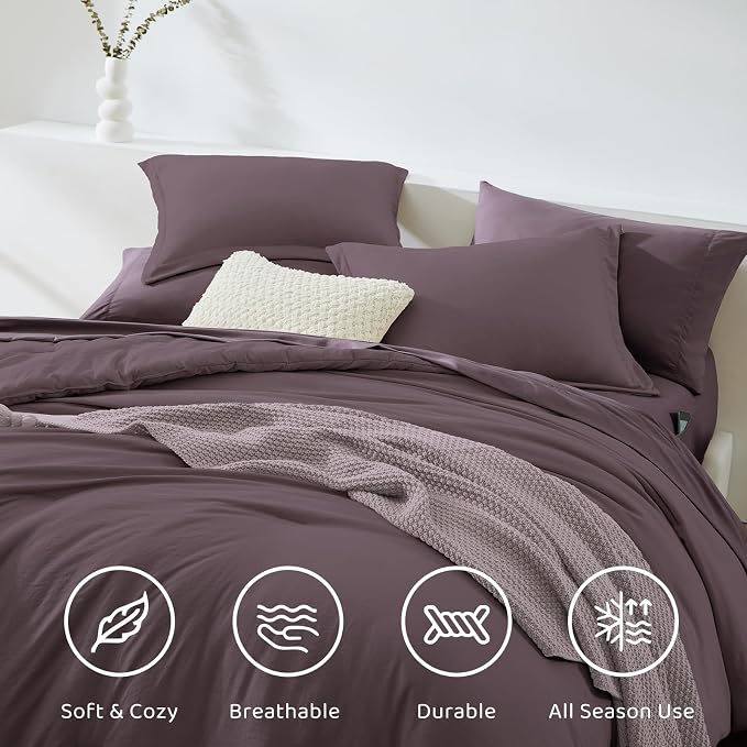 Oversized King Size Comforter Set- 7 Pieces Bed in a Bag King Bedding Sets | Prewashed All Season Comforter with Sheets, Pillow Shams & Pillowcases,Artic Plum