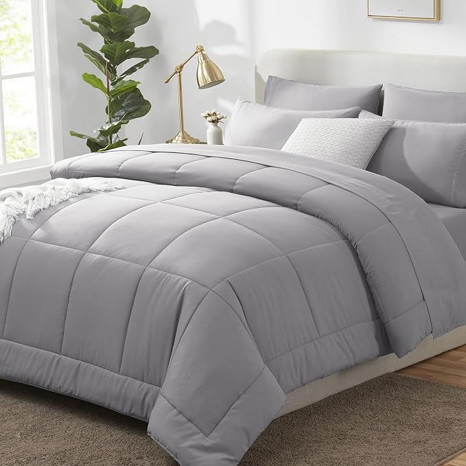 King Size Comforter Set Grey - 7 Pieces Bed in a Bag | OEKO-TEX Certified, All-Season, Bedroom, Guest Room, Down-Alternative Comforter + Flat & Fitted Sheets + 4 Pillowcases