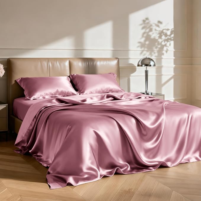 Love's cabin Satin Queen Sheets Set - 4 Piece Rose Taupe Silky Bed Sheets Set with Deep Pocket, Luxury Silk Feel Satin Queen Size Sheet Set (1 Flat Sheet,1 Fitted Sheet,2 Pillow Cases)