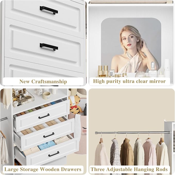 Unikito 6-14FT Wood Closet System with 6 Drawers and Mirror, White | Sturdy walk-in organizer wardrobe for clothing, clothes rack with 3 hanging rods, freestanding garment storage tower.