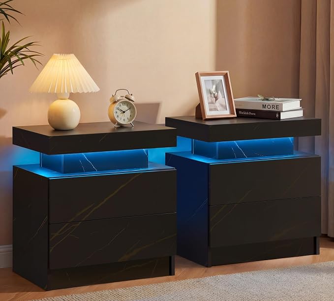 i-aplus Black Modern LED Nightstand Set of 2 with 2 Wood Drawer for Bedroom | Nightstands with App-Controlled RGB LED Lights, Night Stand with Storgae Drawer, Modern Bedside Table for Bedroom