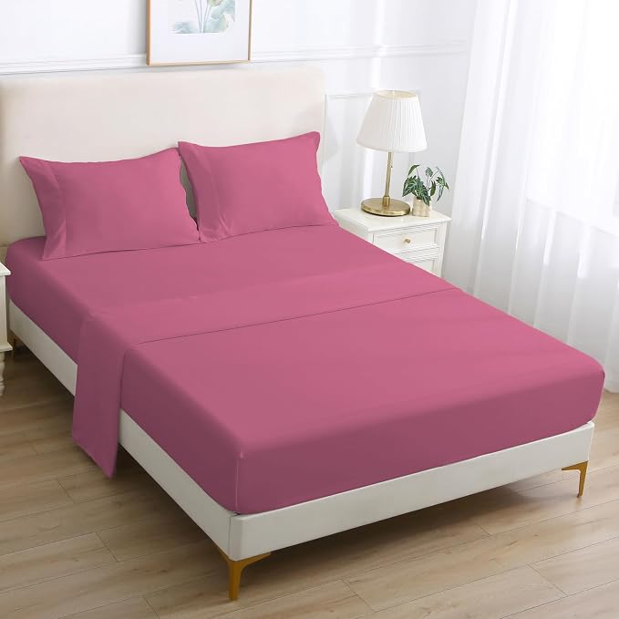 Softan Microfiber Queen Sheet Set with Non-Slip Corner Straps, Hot Pink | 15" Deep Pocket Fitted Bed Sheets, Double Brushed Microfiber, Cozy Sheets & Pillowcase for All Season