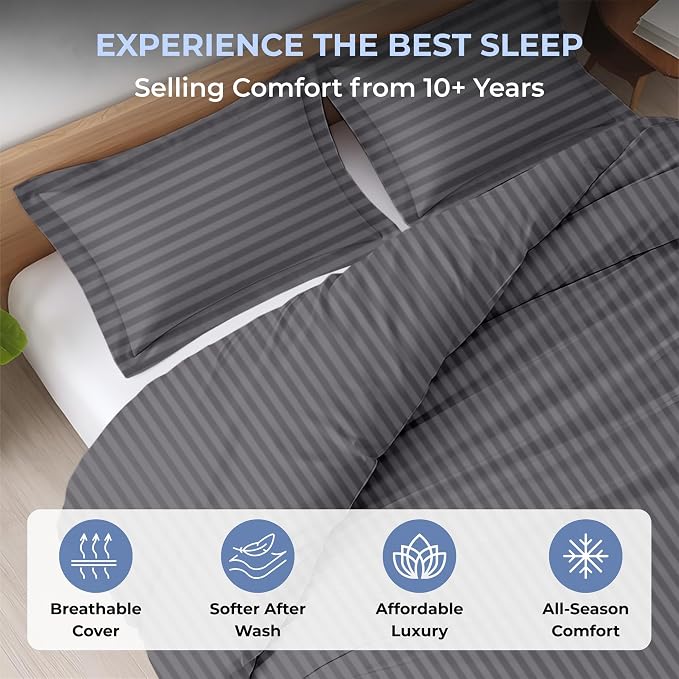 Custom Duvet Cover - 100% Egyptian Cotton 600 Thread Count Soft Breathable Customizable Comforter Cover(Desired Dimensions)- Zipper Closure & 7 Internal Ties - Striped Dark Grey