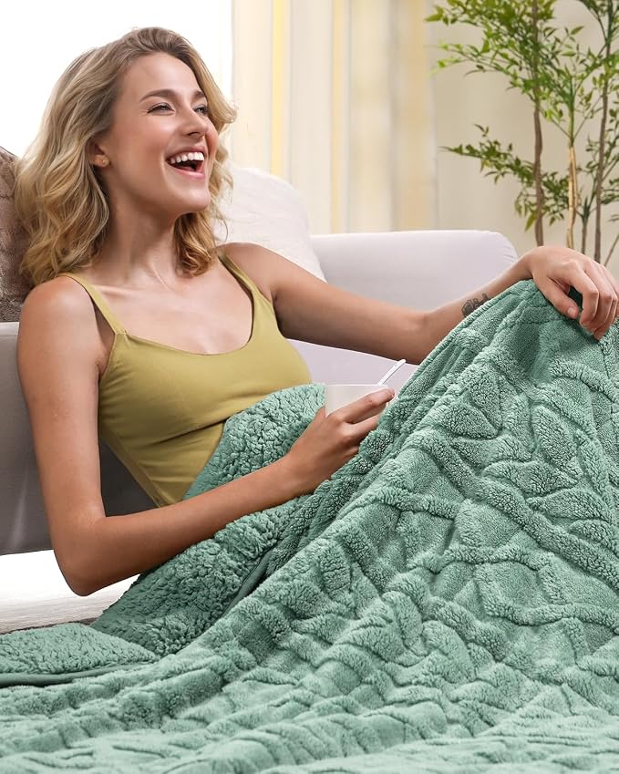 Cottonblue Jacquard Weighted Blanket 15 lbs for Adults Queen Size 60x80in | Ultra Soft Sherpa Fleece Weighted Blankets for Better Sleep Calm Relax, Cozy Warm Sofa Bed Heavy Blanket Throw, Sage Green