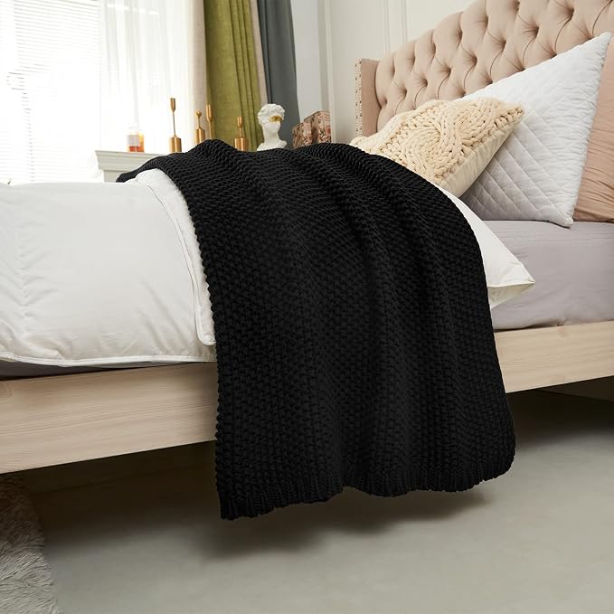 Chunky Cable Knit Throw Blanket Lightweight Black 100% Organic Cotton Blanket for Sofa Couch Bed Baby Nursery, Rustic Shabby Chic Modern Farmhouse, 60” x 80” Give Laundering Bag