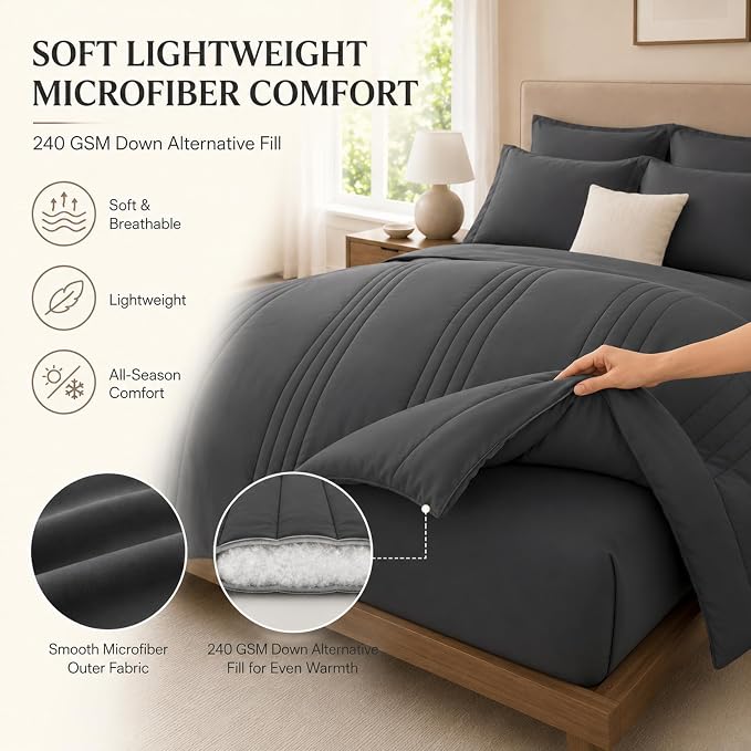 King Comforter Set Dark Grey - Bed in a Bag King Size 7 Pieces, Soft Bedding Set for All Seasons, Premium King Comforter Set with Comforter, Sheets, Pillowcases & Shams