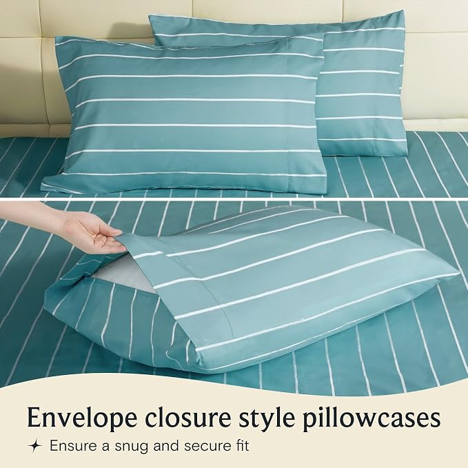 LuxClub Striped Sheets, 3 PC Striped Bed Sheets Twin Size, Deep Pockets 18" Eco Friendly Wrinkle Free-Kids-Fitted Sheets Machine Washable Hotel Bedding (Twin, Light Blue) | LuxClub Silky Fitted Sheet & Pillowcase Sets, Breathable Hotel Luxury Bedding f...