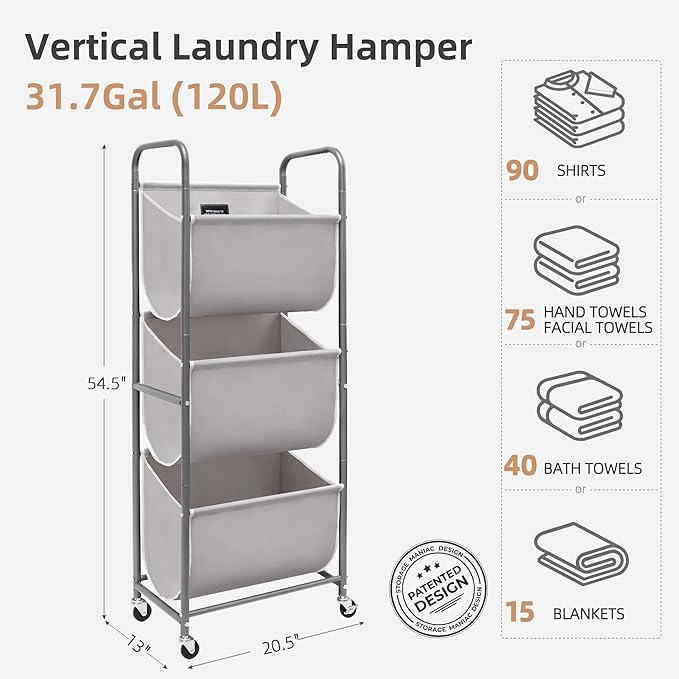 STORAGE MANIAC 120 Liters Vertical Rolling Laundry Hamper, 3 Section Laundry Sorter with Wheels and 2 Breaks, 3-tier Laundry Baskets for Small Space, Dorm, Laundry Room, Closet, Bathroom, Gray 3-tier