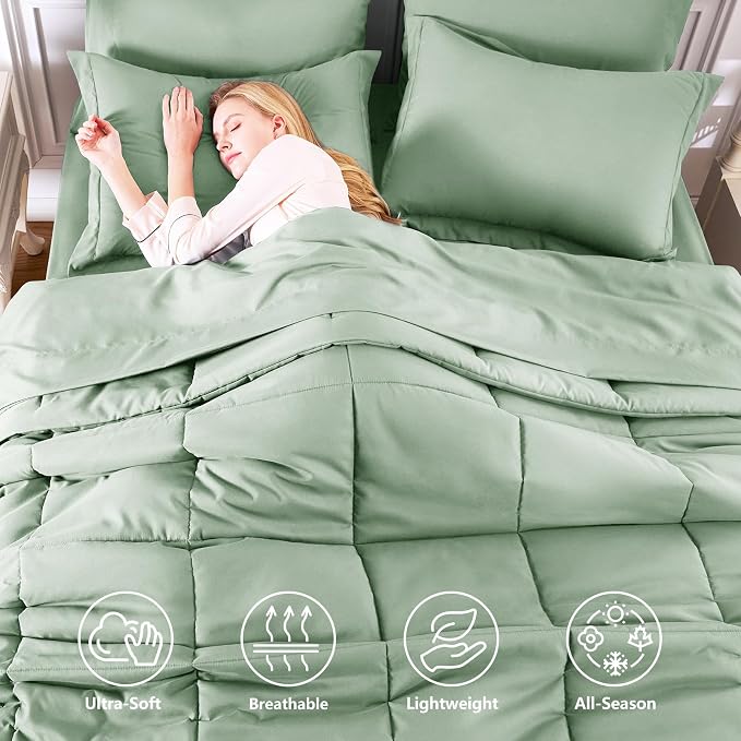 Full Size Comforter Sets, 7-Piece Bed in a Bag, Sage Green | OEKO-TEX Certified, Box-Stitched Design, 240 GSM Down Alternative Fill, All-Season Comfort, Sheets, Pillowcases & Shams