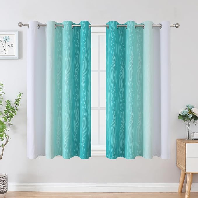 Teal and Grayish White Ombre Blackout Curtains for Living Room 45 Inch Long | Estelar Textiler Room Darkening Curtains for Bedroom,Thermal Insulated,Light Blocking Grommet Window Drapes,52Wx45L,2 Panels