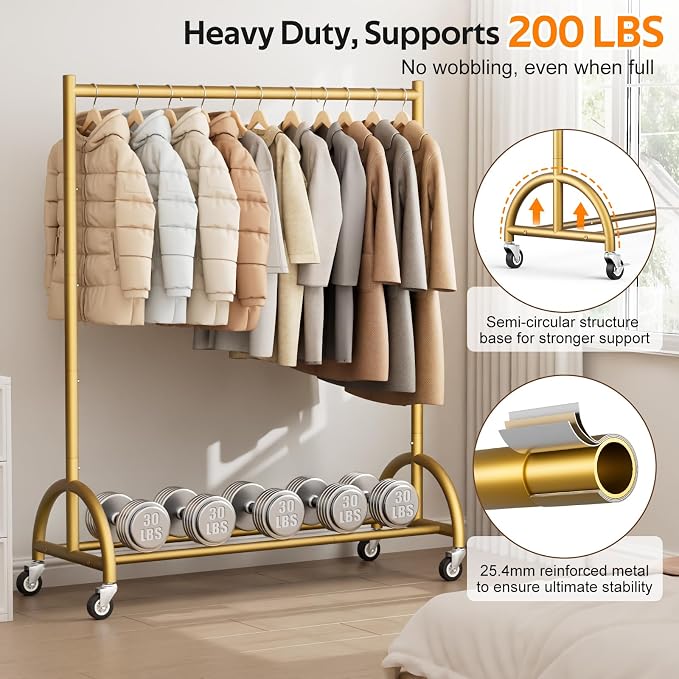 MISSLO Heavy Duty Clothing Rack with Wheels Rolling Clothes Racks for Hanging Clothes, Coats, Garment, Dress, Gold (Pack of 2)