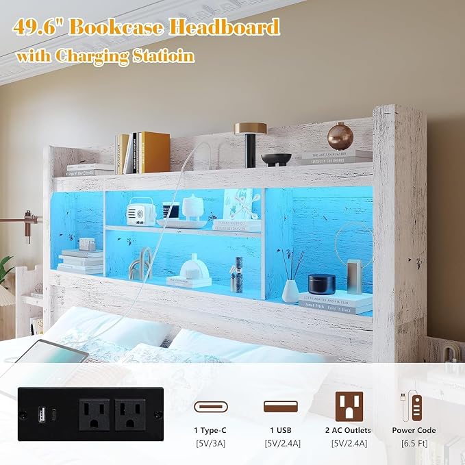 LUXOAK California King Bed Frame with Storage, Distressed White | 49.6" Headboard, Wood Platform Bed, Charging Station, Bedside Storage, 4 Storage Drawers, No Box Spring Needed, Farmhouse