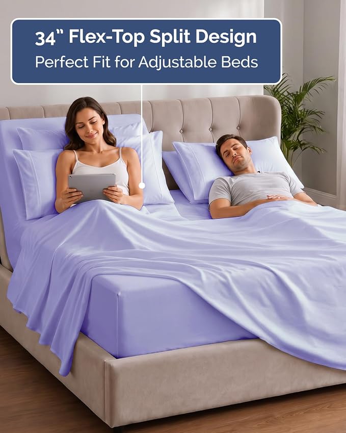 Extra Deep Flex Top Split Head King Sheet Set - 6 Piece Breathable and Cooling Sheets - Hotel Luxury Bedding for Women, Men, Kids & Teens - Easy Secure Fit - Extra Deep Pockets - Lavender