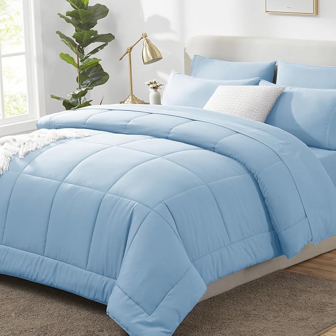 Oversized Queen Comforter Set Baby Blue - 7 Pieces Bed in a Bag | OEKO-TEX Certified, All-Season, Bedroom, Guest Room, Down-Alternative Comforter + Flat & Fitted Sheets + 4 Pillowcases