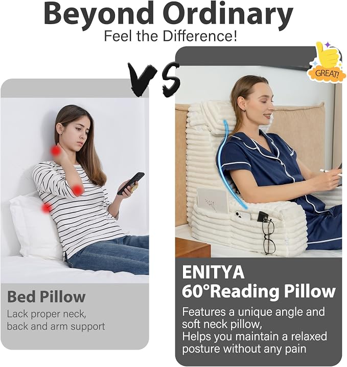 ENITYA 22" XL Back Pillow for Bed Sitting Up with Armrests & Big Pockets | Reading Pillow for Sitting in Bed Adult, Back Support Wedge for Reading/Resting/Post Surgery/Watching TV/Gaming,Ivory